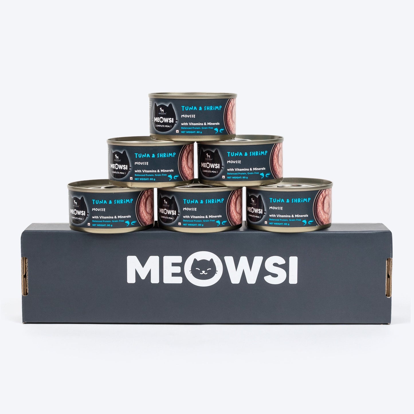 Meowsi by HUFT Tuna & Shrimp Mousse Canned Cat Wet Food, 80 gm, with vitamins and minerals, grain-free formula.
