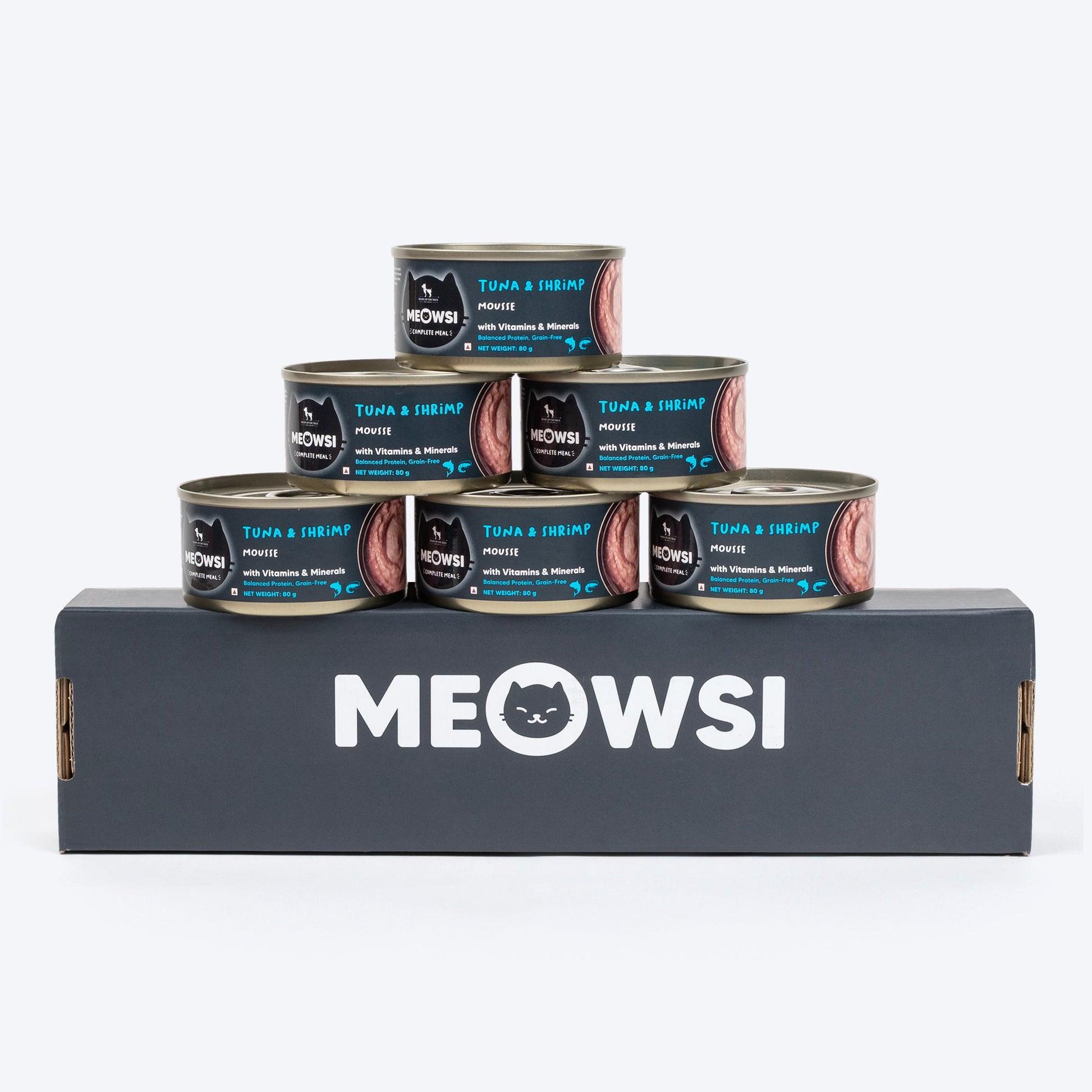 Meowsi by HUFT Tuna & Shrimp Mousse Canned Cat Wet Food, 80 gm, with vitamins and minerals, grain-free formula.