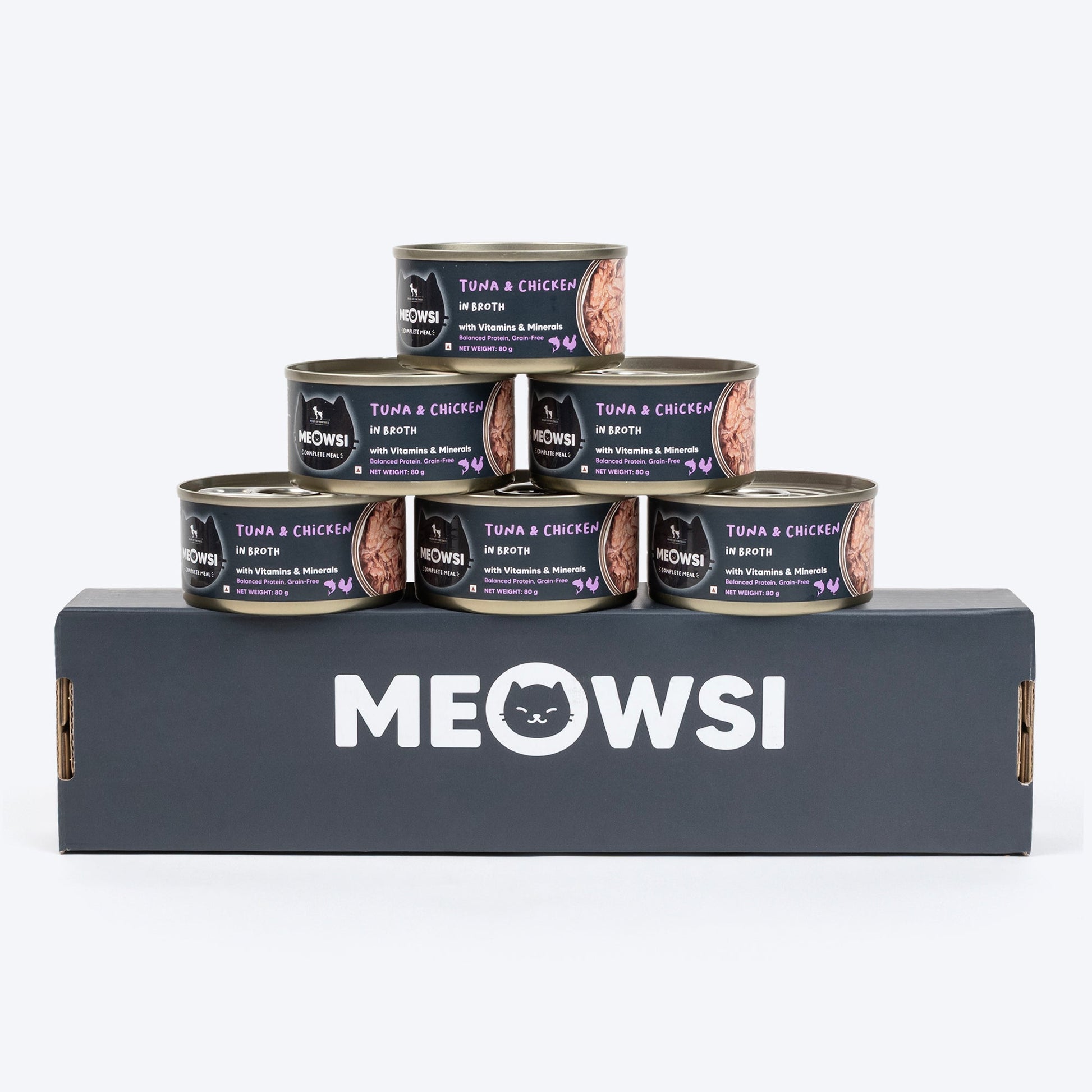 Meowsi by HUFT Tuna & Chicken in Broth Canned Cat Wet Food, 80 gm, with vitamins and minerals, grain-free.