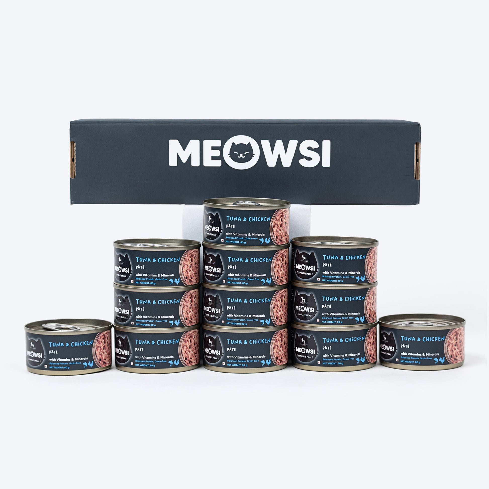 Meowsi by HUFT Tuna & Chicken P¢t© Canned Cat Wet Food, 80 gm, grain-free with vitamins and minerals.