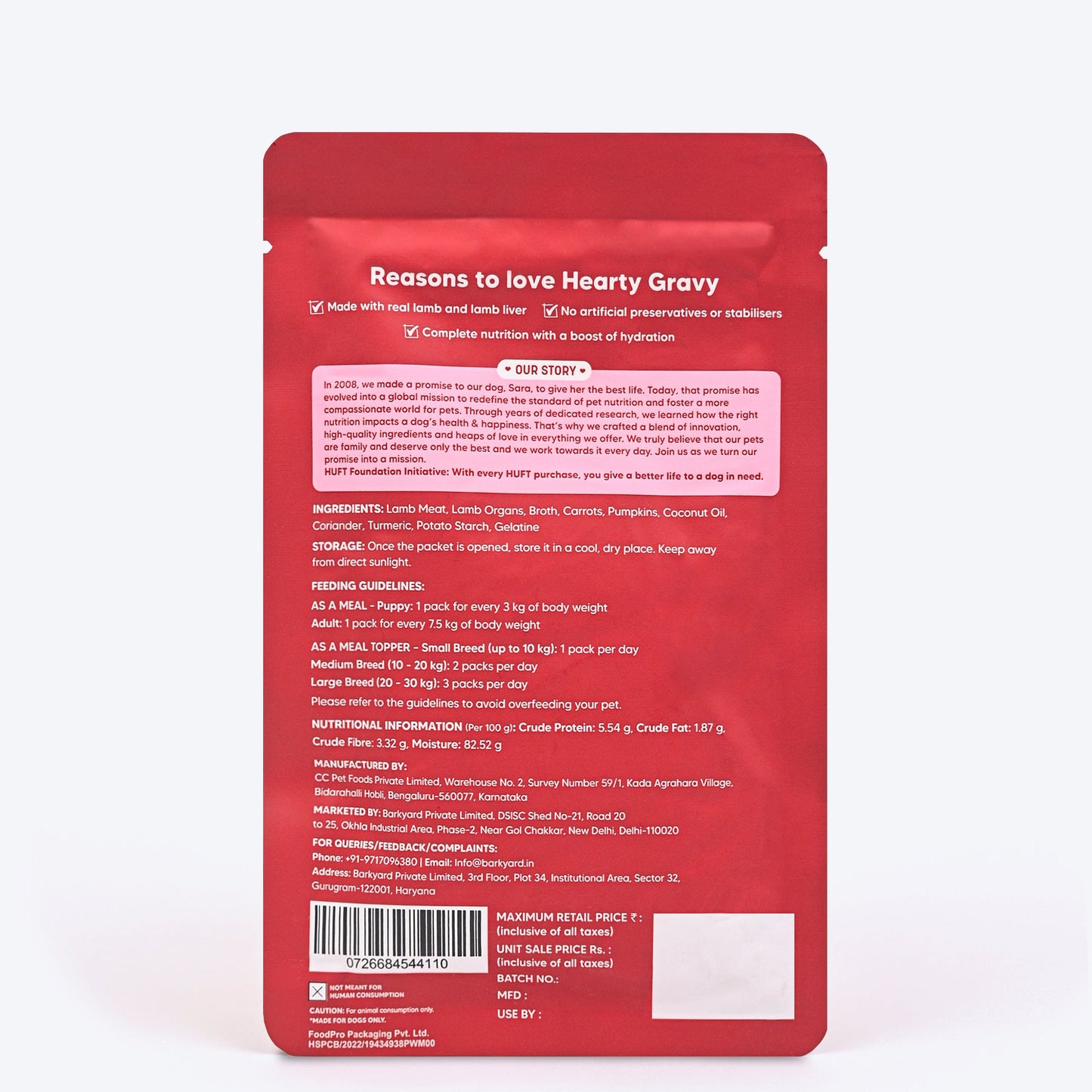 Hearty Chunky Lamb & Liver in Gravy dog food by Heads Up for Tails, 70 g, suitable for dogs over 3 months.