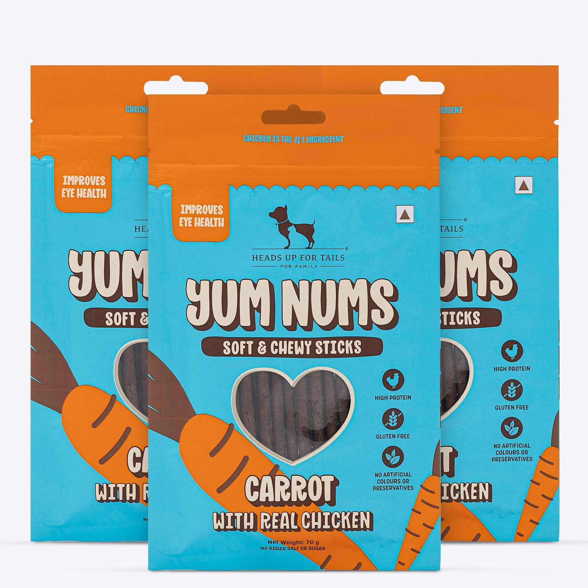 HUFT Yum Nums Dog Treats Soft & Chewy Sticks Carrot With Real Chicken - 70 gm - Heads Up For Tails