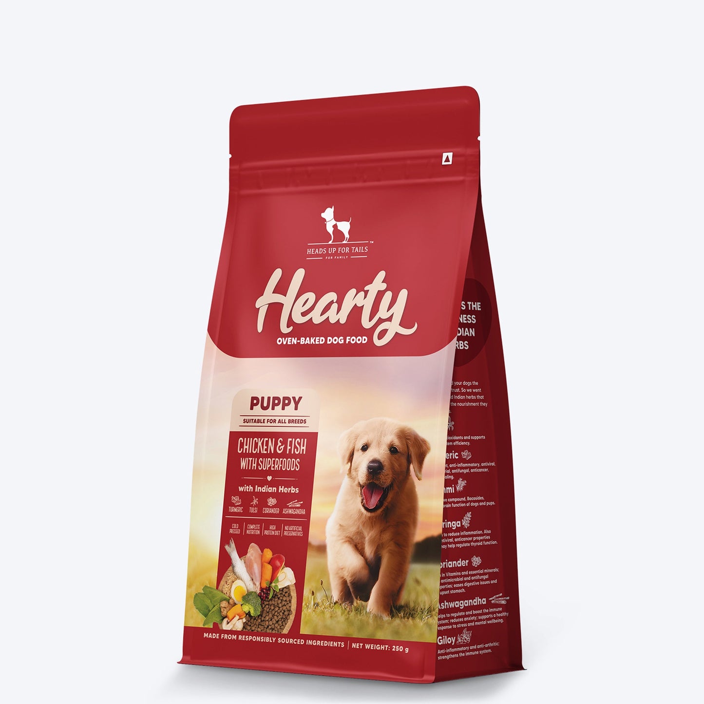 Hearty Oven-Baked Puppy Food by Heads Up for Tails, Chicken & Fish with Superfoods, 250g, suitable for all breeds.