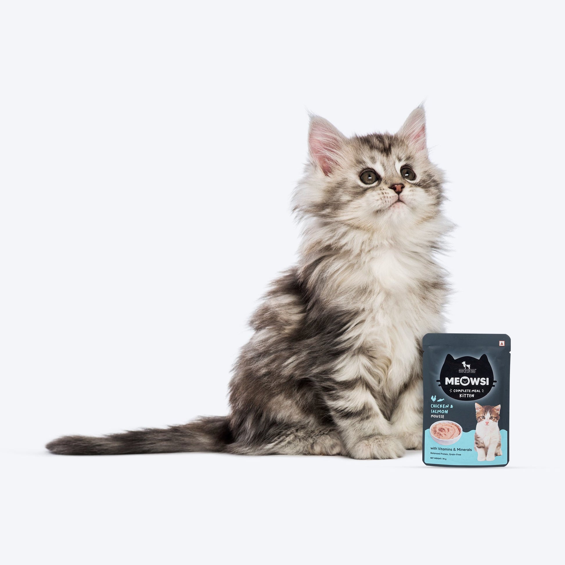 Meowsi by HUFT Chicken & Salmon Mousse Kitten Wet Food, 70 gm, complete meal with vitamins and minerals, grain-free.