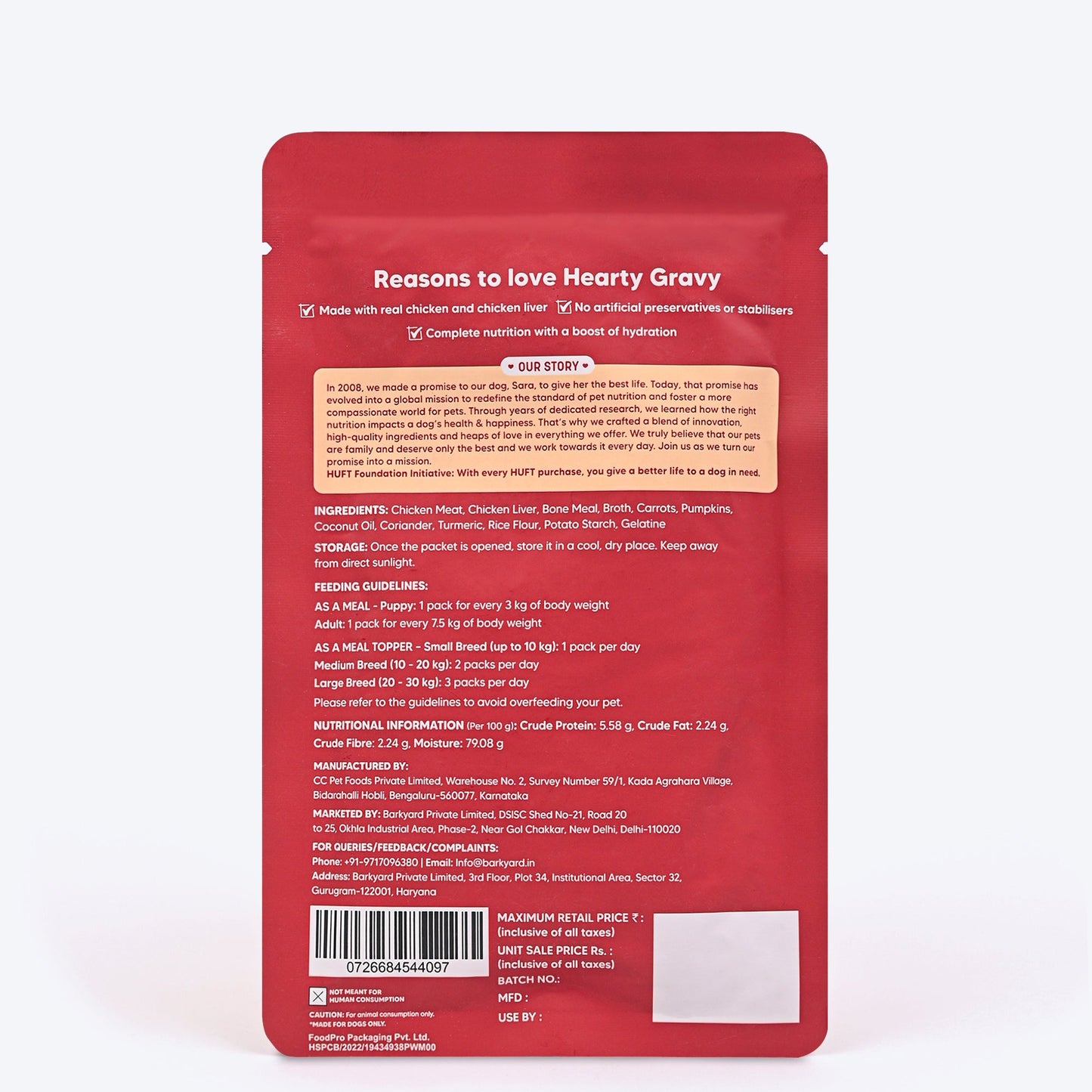 Hearty Chunky Chicken & Liver in Gravy dog wet food by Heads Up for Tails, 70 g, suitable for dogs over 3 months.