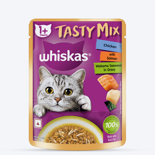 Whiskas Tasty Mix Wet Food Made With Real Fish (Salmon & Wakame Seaweed) With Chicken in Gravy For Adult (1+ year) Cat - 70 gm Pack - Heads Up For Tails