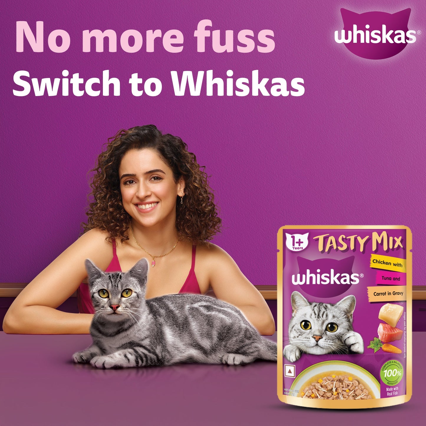 Whiskas Tasty Mix Adult (1+ year) Chicken With Tuna & Carrot in Gravy Wet Cat Food - 70 gm Pack - Heads Up For Tails