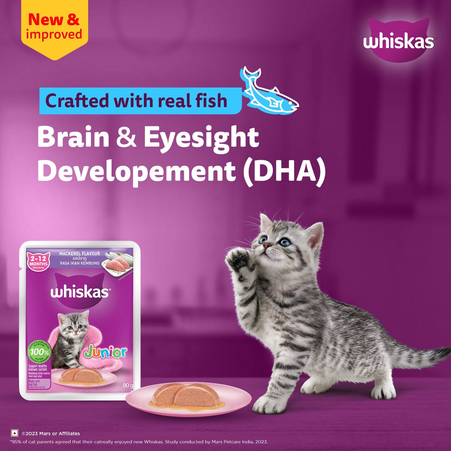 Whiskas Mackerel In Jelly Wet Food For Junior (2-12 Months) Kitten - 80 gm Pack - Heads Up For Tails