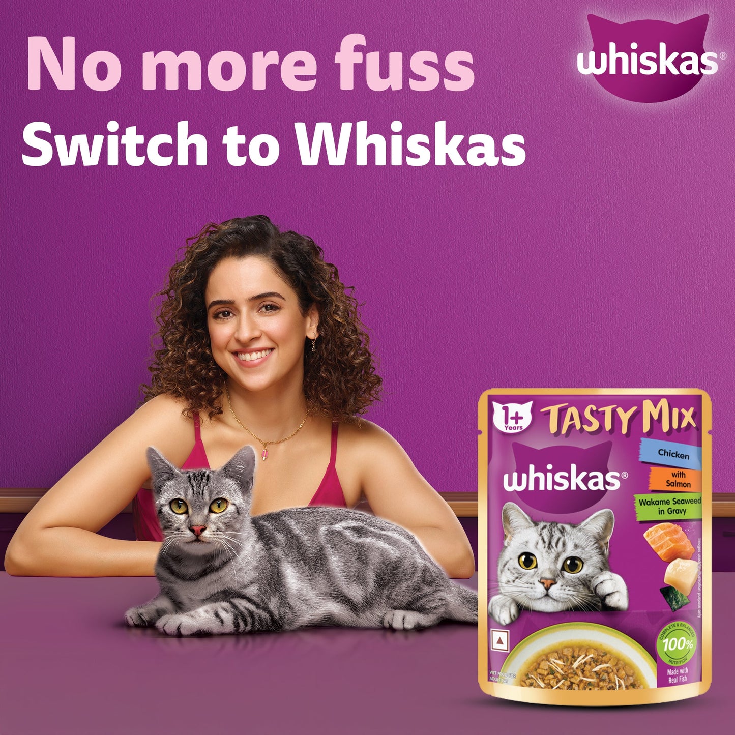 Whiskas Tasty Mix Wet Food Made With Real Fish (Salmon & Wakame Seaweed) With Chicken in Gravy For Adult (1+ year) Cat - 70 gm Pack - Heads Up For Tails