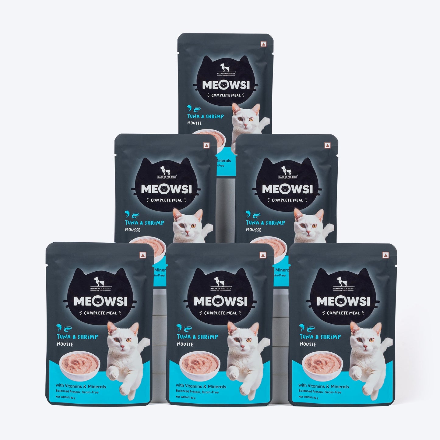 Meowsi by HUFT Tuna & Shrimp Mousse Cat Wet Food, 80 gm, grain-free, with vitamins and minerals for balanced nutrition.