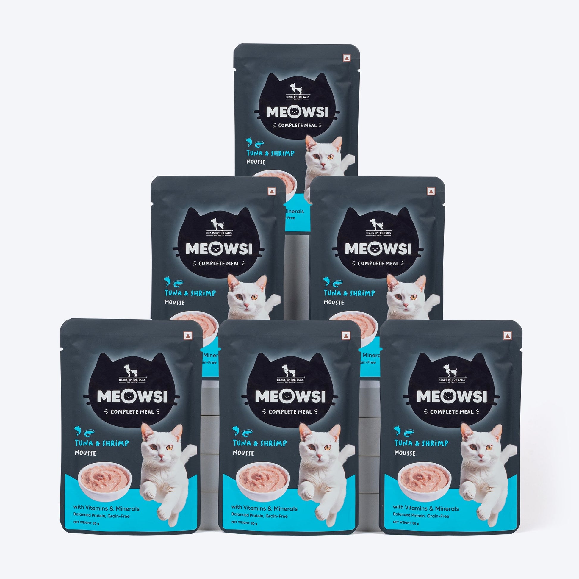Meowsi by HUFT Tuna & Shrimp Mousse Cat Wet Food, 80 gm, grain-free, with vitamins and minerals for balanced nutrition.