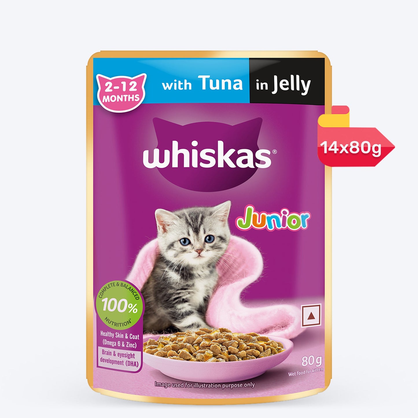 Whiskas Tuna in Jelly (2-12 Months) Wet Food For Kitten - 80 gm Pack - Heads Up For Tails