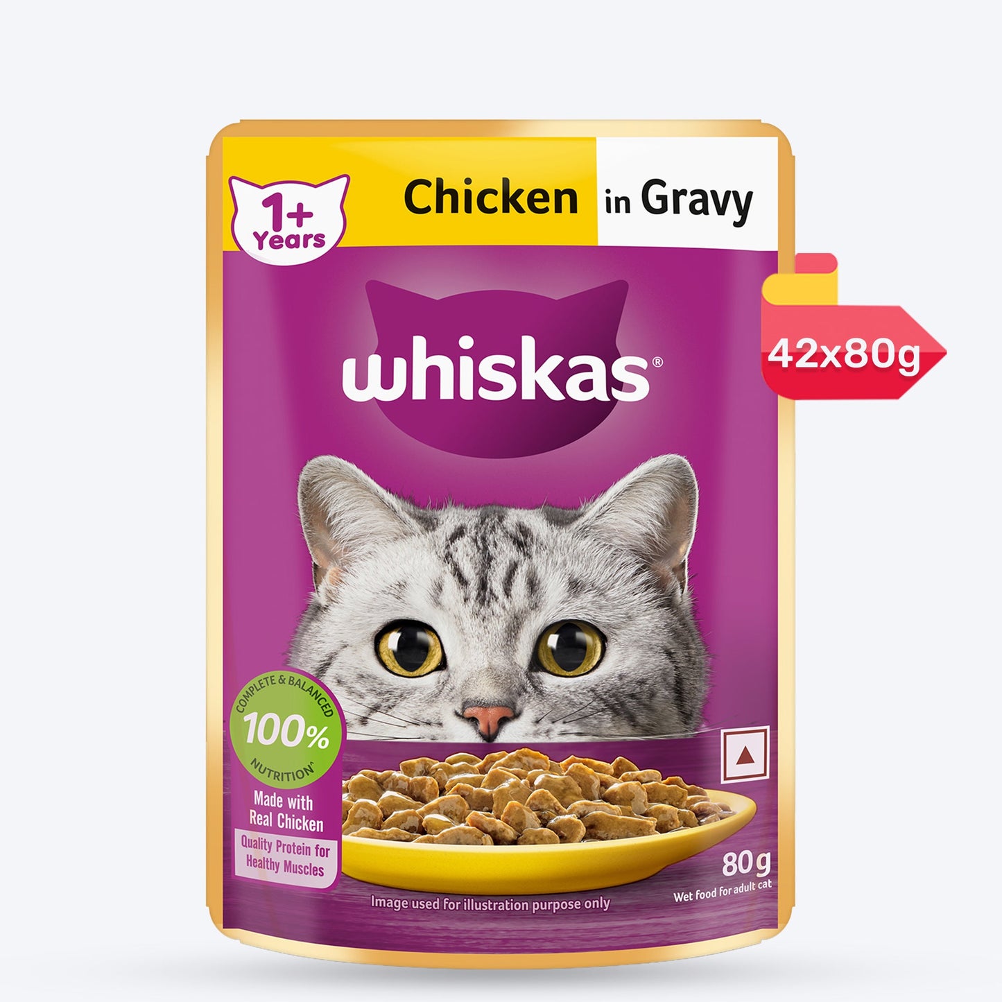 Whiskas Chicken in Gravy (1+ Years) Wet Food For Adult Cat - 80 gm Pack - Heads Up For Tails