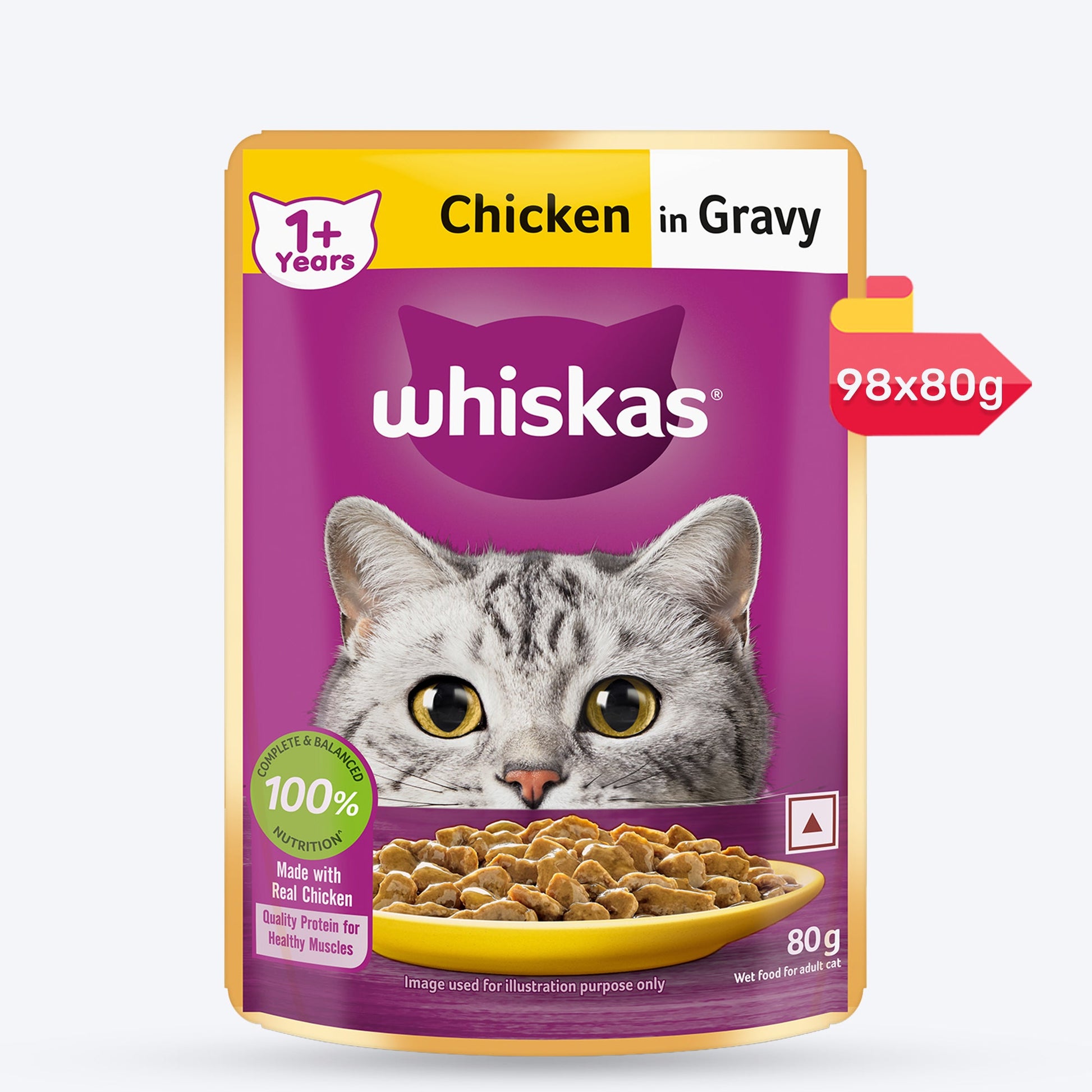 Whiskas Chicken in Gravy (1+ Years) Wet Food For Adult Cat - 80 gm Pack - Heads Up For Tails