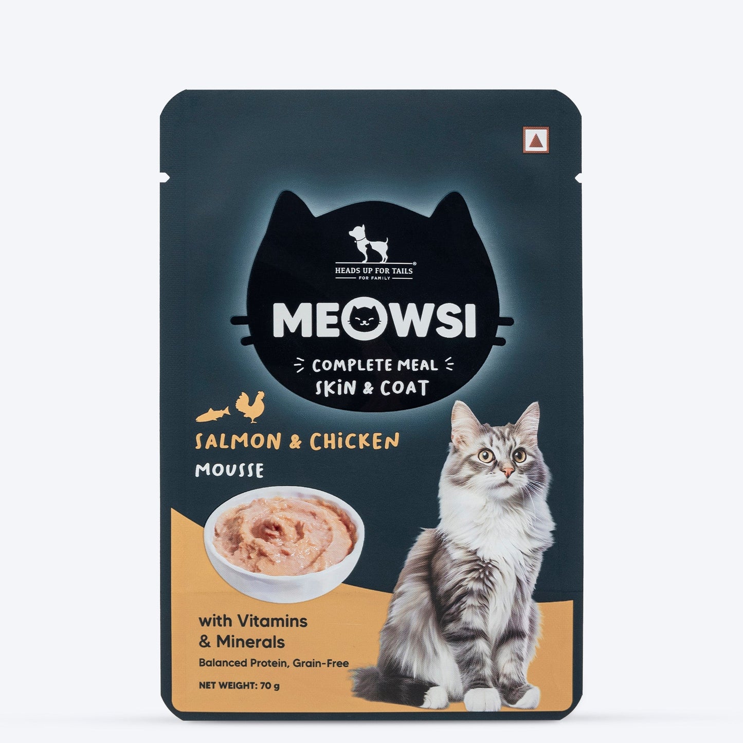 Meowsi by HUFT Skin & Coat Salmon & Chicken Mousse Cat Wet Food, 70 gm, with vitamins and minerals, grain-free.
