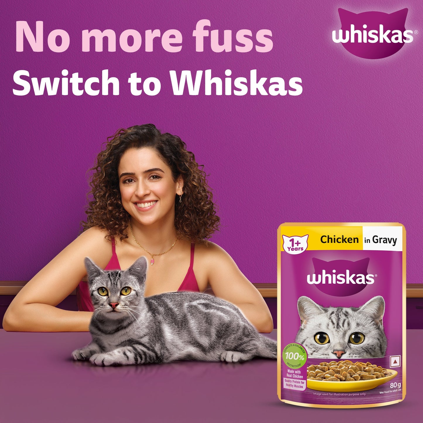 Whiskas Chicken in Gravy (1+ Years) Wet Food For Adult Cat - 80 gm Pack - Heads Up For Tails