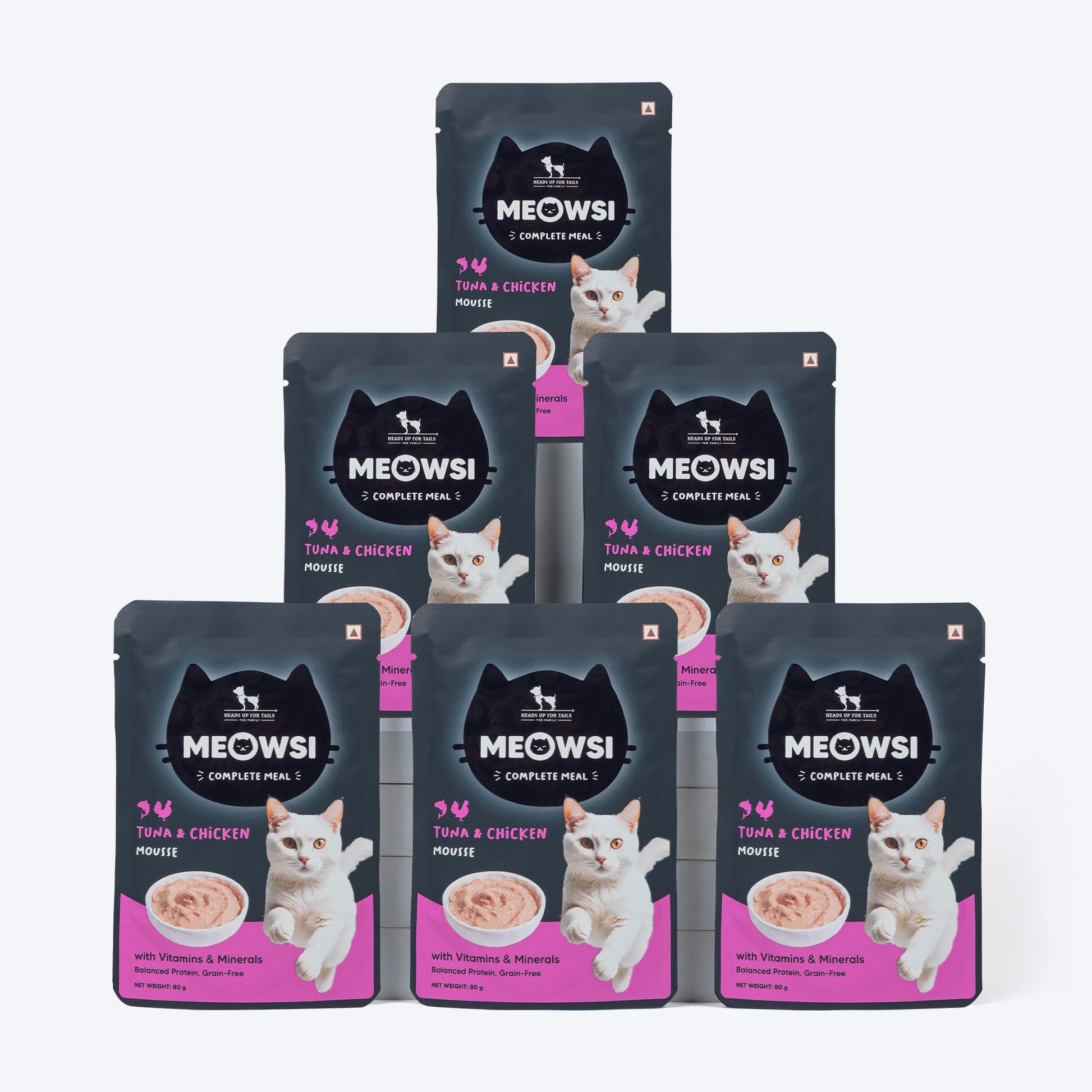 Meowsi by HUFT Tuna & Chicken in Mousse Cat Wet Food, 80 gm, features a cat graphic and a bowl of mousse on the packaging.