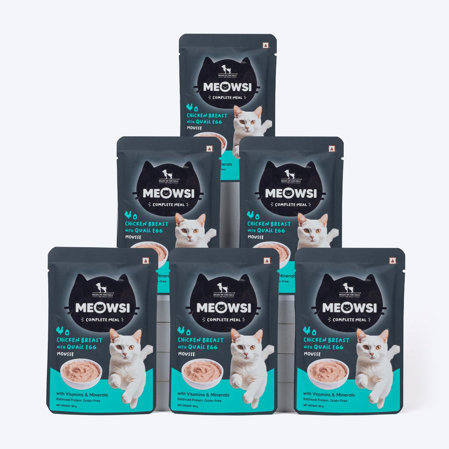 Meowsi by HUFT Chicken Breast with Quail Egg Mousse Cat Wet Food, 80 gm, grain-free, with vitamins and minerals.
