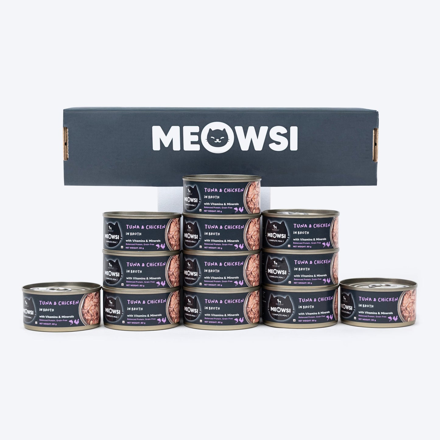 Meowsi by HUFT Tuna & Chicken in Broth Canned Cat Wet Food, 80 gm, with vitamins and minerals, grain-free.