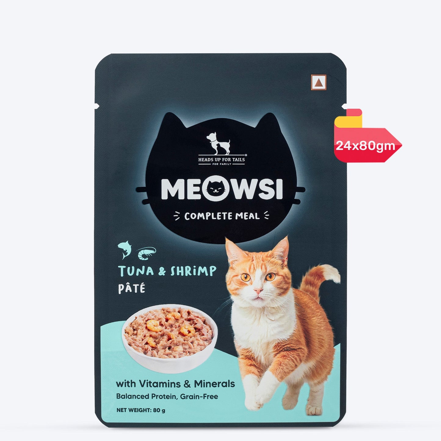 Meowsi by HUFT Tuna & Shrimp p¢t© Cat Wet Food, 80 gm, grain-free, with vitamins and minerals for balanced nutrition.
