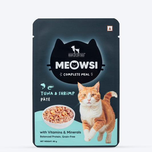 Meowsi by HUFT Tuna & Shrimp p¢t© Cat Wet Food, 80 gm, grain-free, with vitamins and minerals for balanced nutrition.