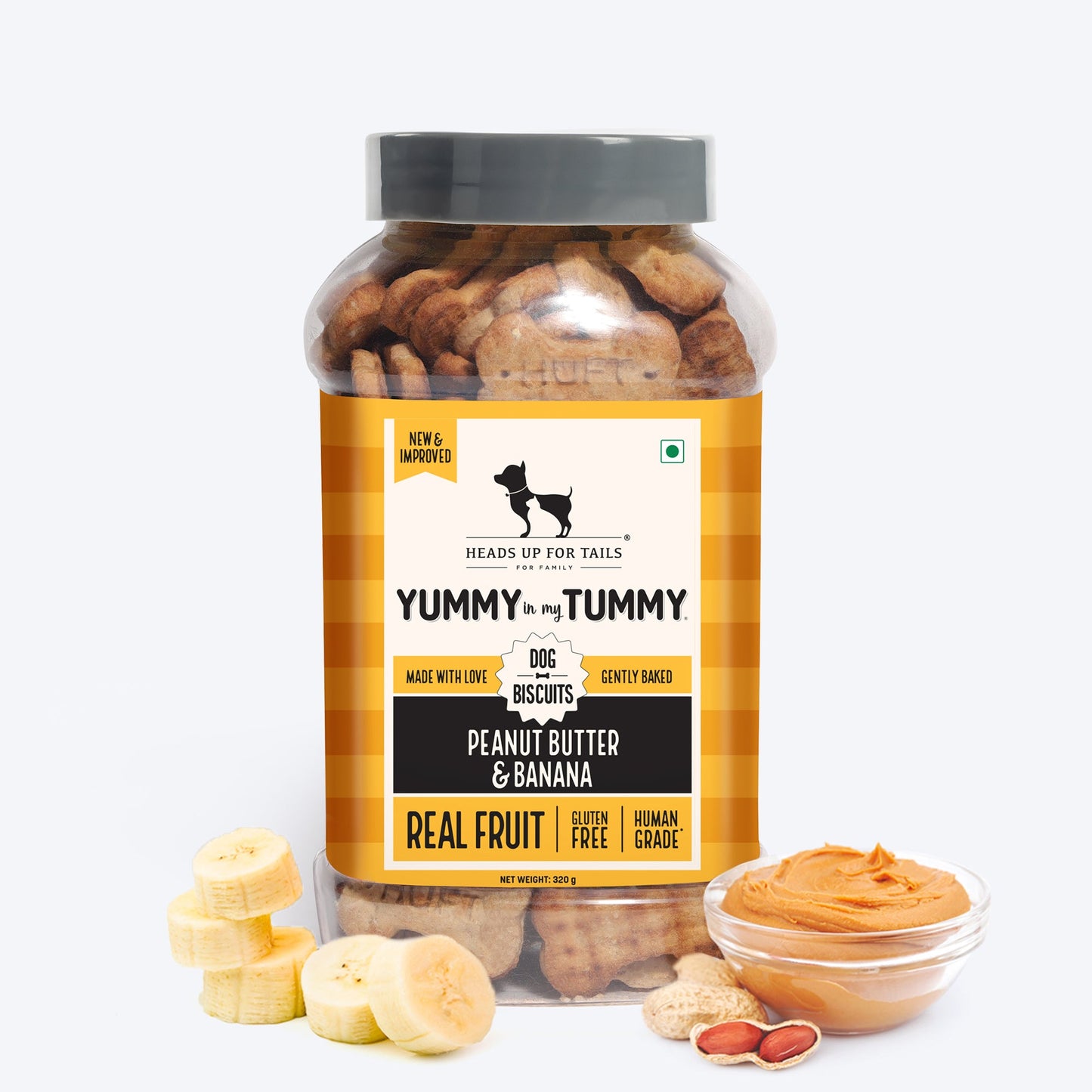 HUFT Yummy in my Tummy Peanut Butter & Banana Dog Biscuits, 320g jar, gluten-free, gently baked with real fruit