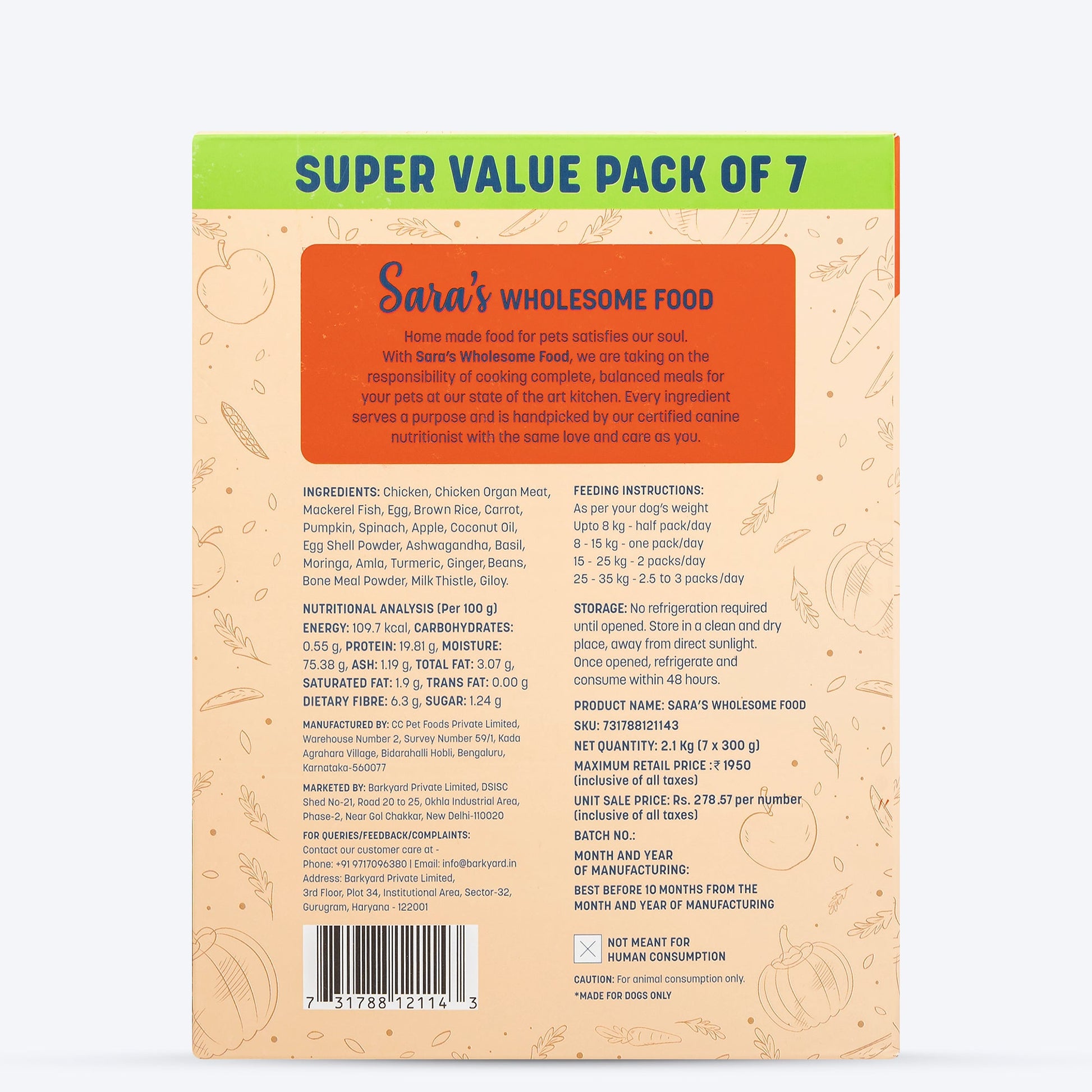 Sara's Wholesome Classic Chicken and Brown Rice Dog Food, 7 x 300g pack, made with farm-fresh ingredients.