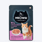 Meowsi by HUFT Chicken Breast with Duck p¢t© cat wet food, 80 gm, featuring a cat and a bowl of food on the packaging.