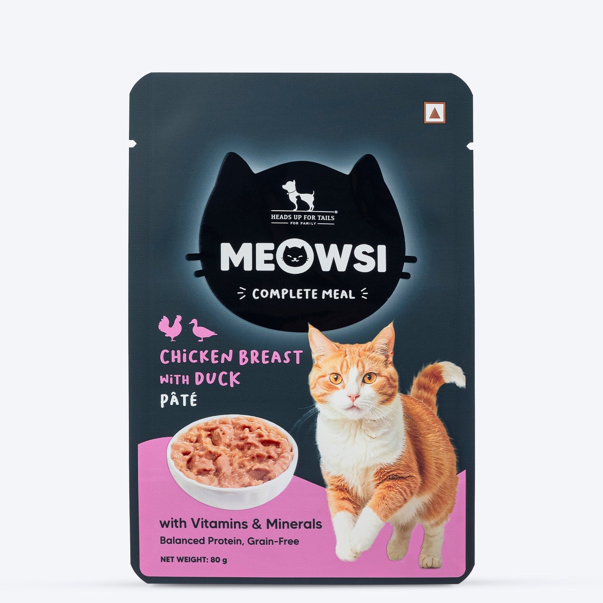 Meowsi by HUFT Chicken Breast with Duck p¢t© cat wet food, 80 gm, featuring a cat and a bowl of food on the packaging.