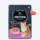 Meowsi by HUFT Chicken Breast with Duck p¢t© cat wet food, 80 gm, featuring a cat and a bowl of food on the packaging.