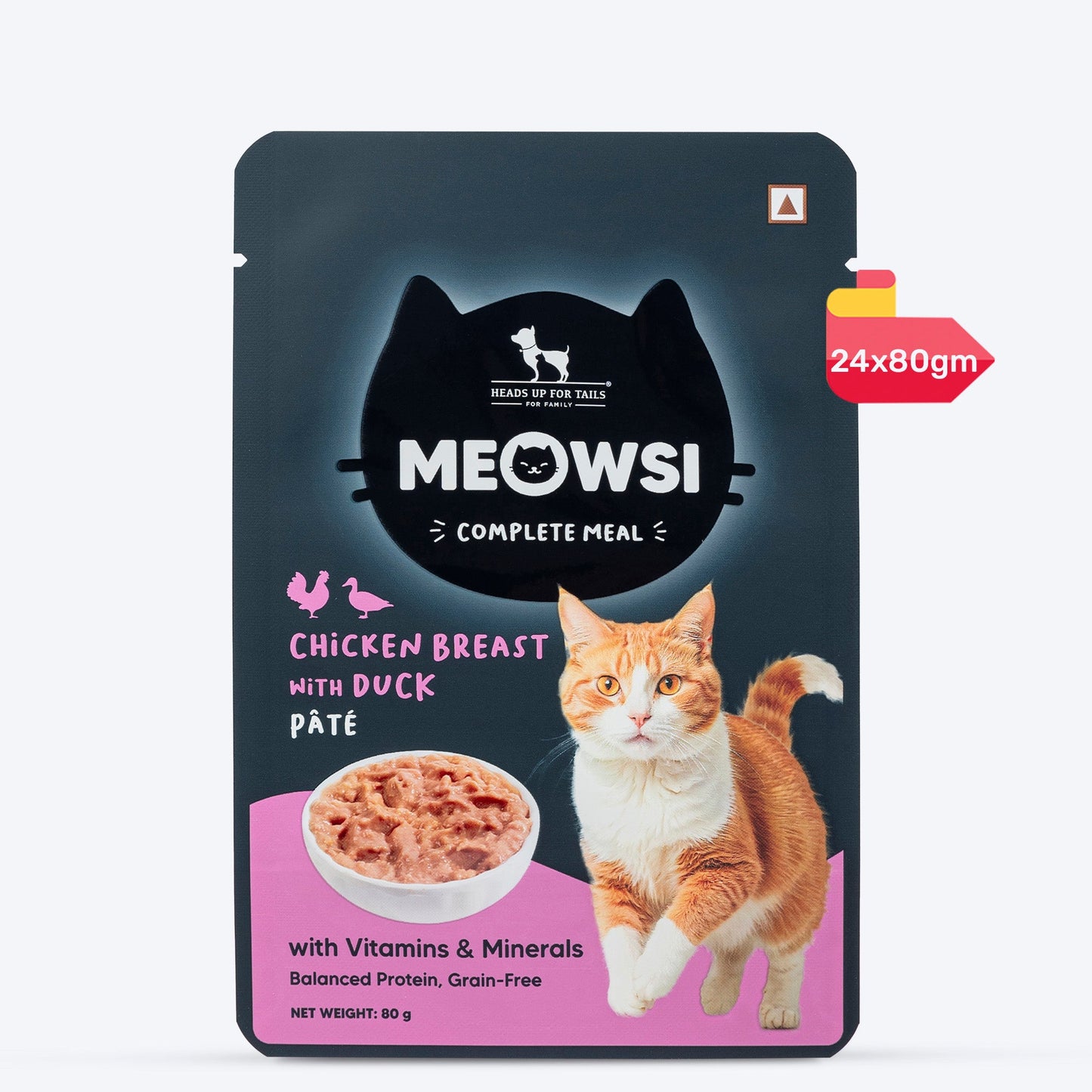 Meowsi by HUFT Chicken Breast with Duck p¢t© cat wet food, 80 gm, featuring a cat and a bowl of food on the packaging.