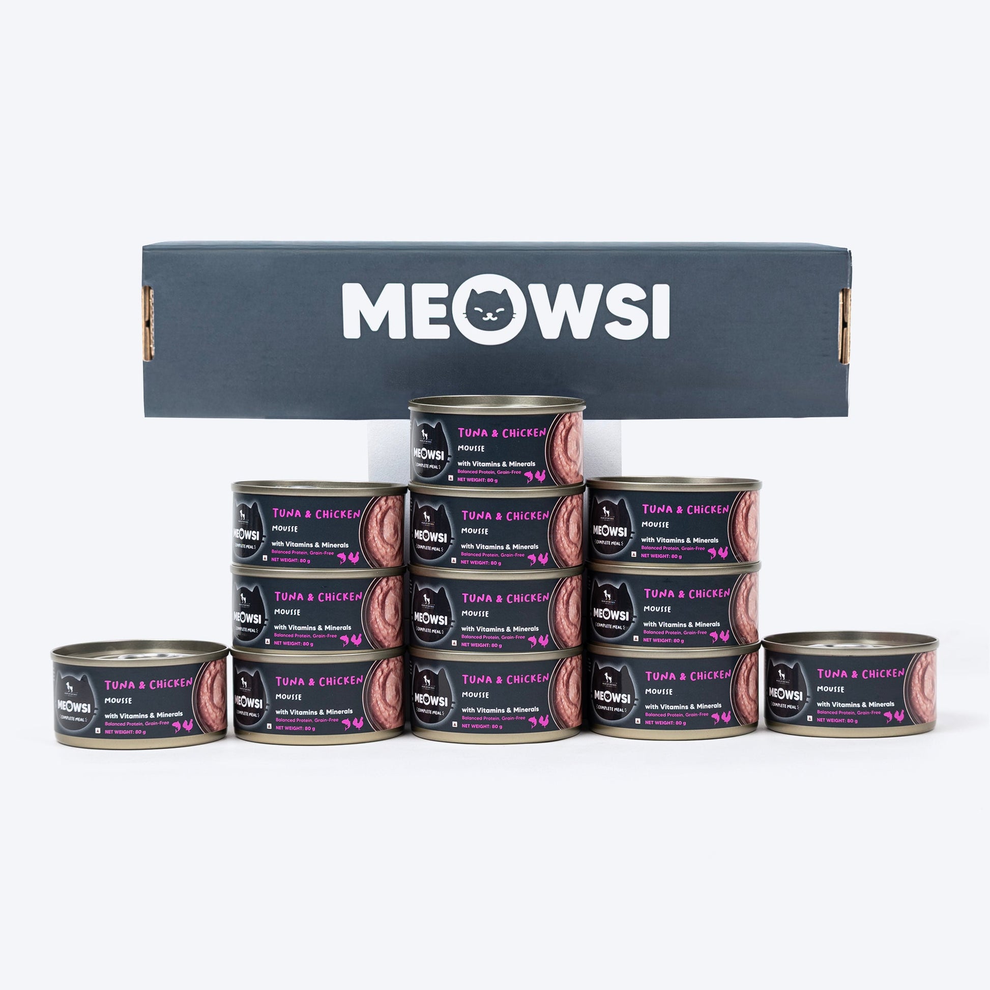 Meowsi by HUFT Tuna & Chicken in Mousse Canned Cat Wet Food, 80 gm, with vitamins and minerals, grain-free.