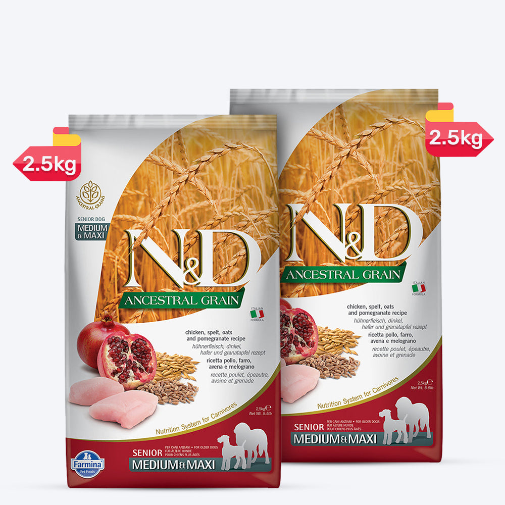 Farmina N&D Ancestral Grain Medium & Maxi Breed Senior Adult Dry Dog Food - Chicken & Pomegranate - 2.5 kg - Heads Up For Tails