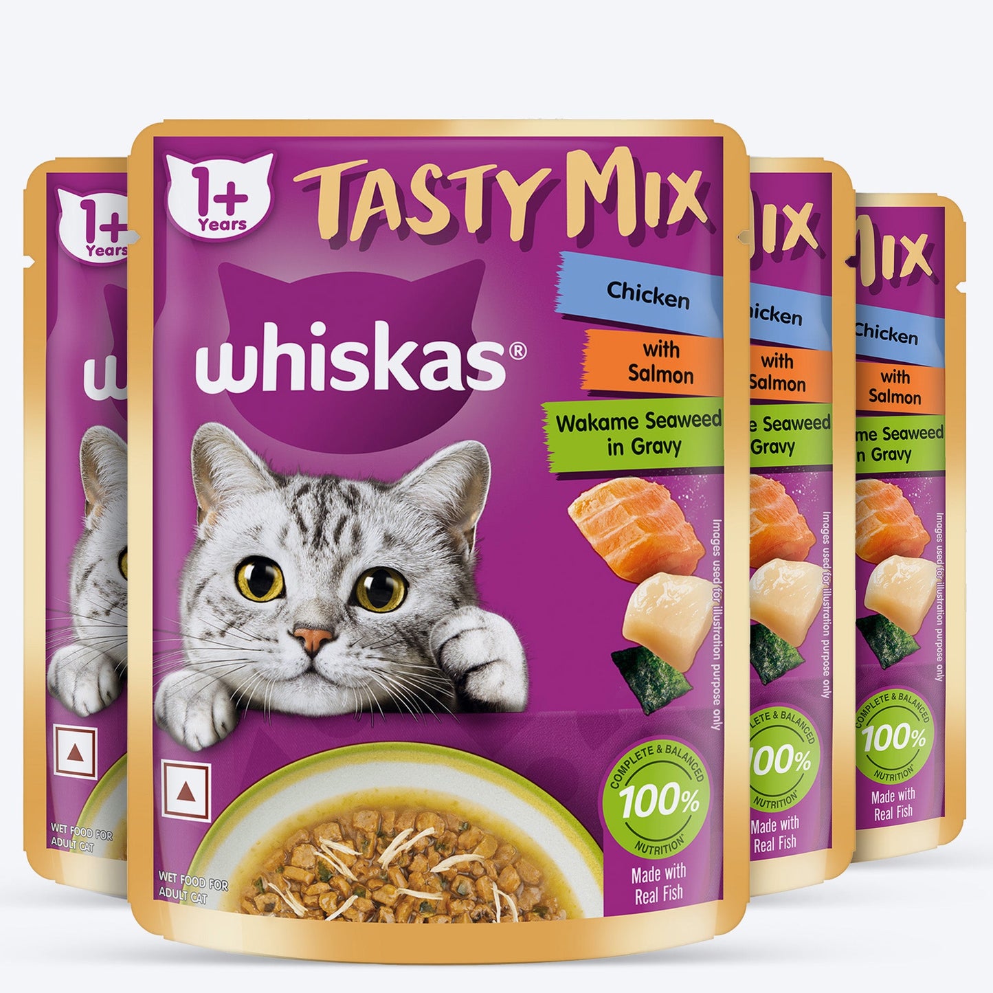 Whiskas Tasty Mix Wet Food Made With Real Fish (Salmon & Wakame Seaweed) With Chicken in Gravy For Adult (1+ year) Cat - 70 gm Pack - Heads Up For Tails