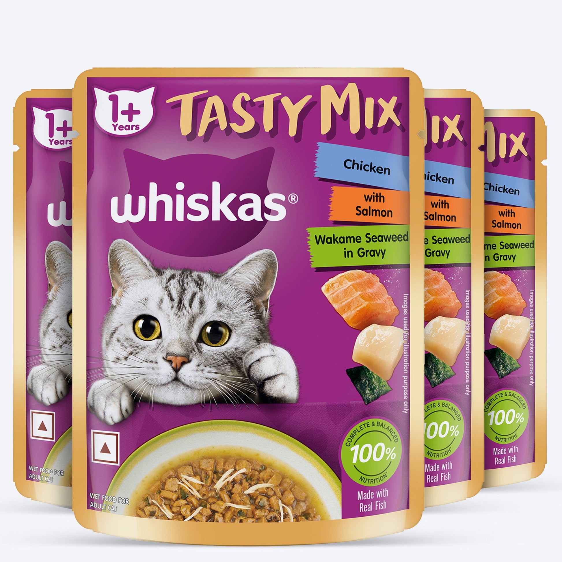 Whiskas Tasty Mix Wet Food Made With Real Fish (Salmon & Wakame Seaweed) With Chicken in Gravy For Adult (1+ year) Cat - 70 gm Pack - Heads Up For Tails
