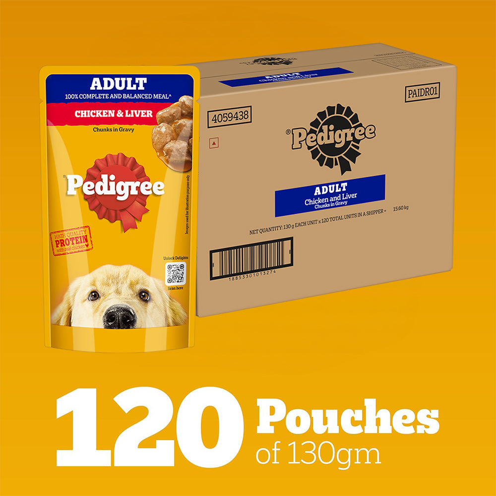 Pedigree Chicken & Liver Chunks In Gravy Adult Dog Wet Food - 130 g - Heads Up For Tails