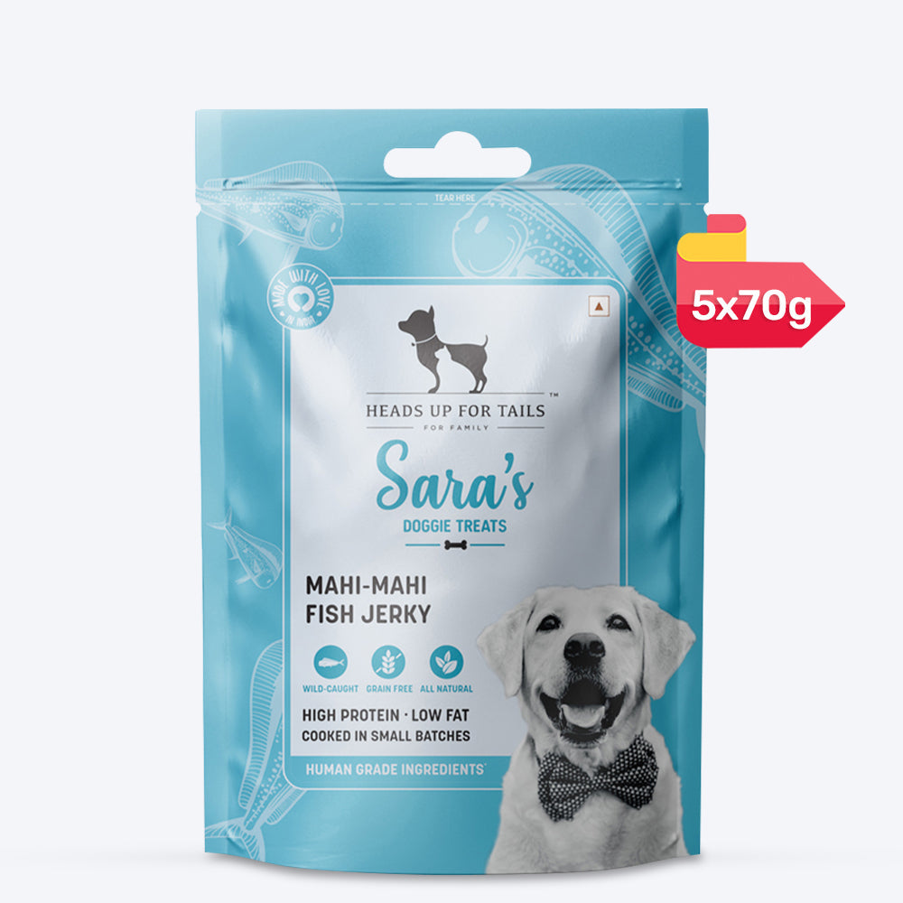 Sara's Doggie Treats Mahi Mahi Fish Jerky, 70 g, high protein, low fat, all-natural ingredients, suitable for dogs.