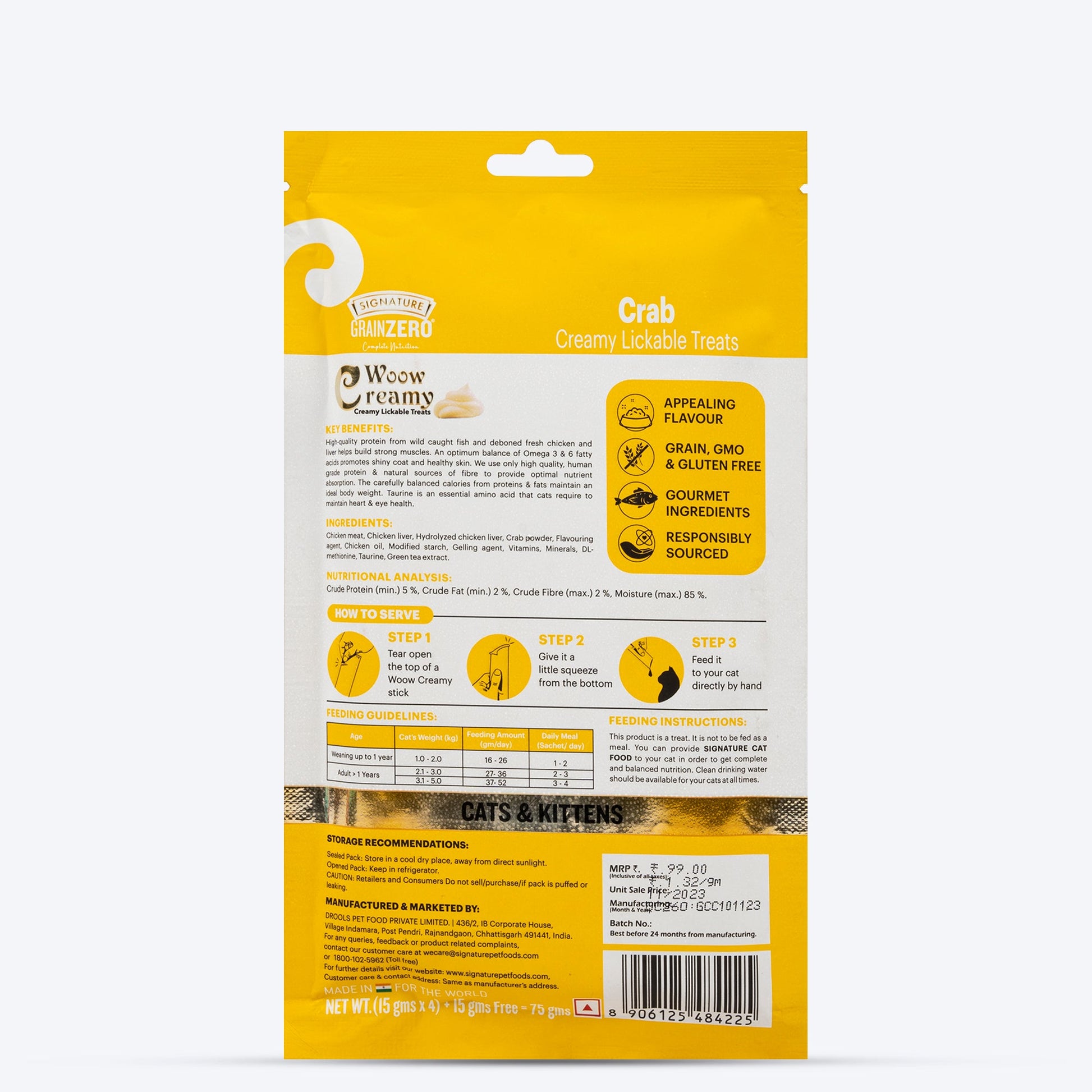 Signature Grain Zero Woow Creamy Crab Lickable Treats For Cat & Kitten - 75 g - Heads Up For Tails