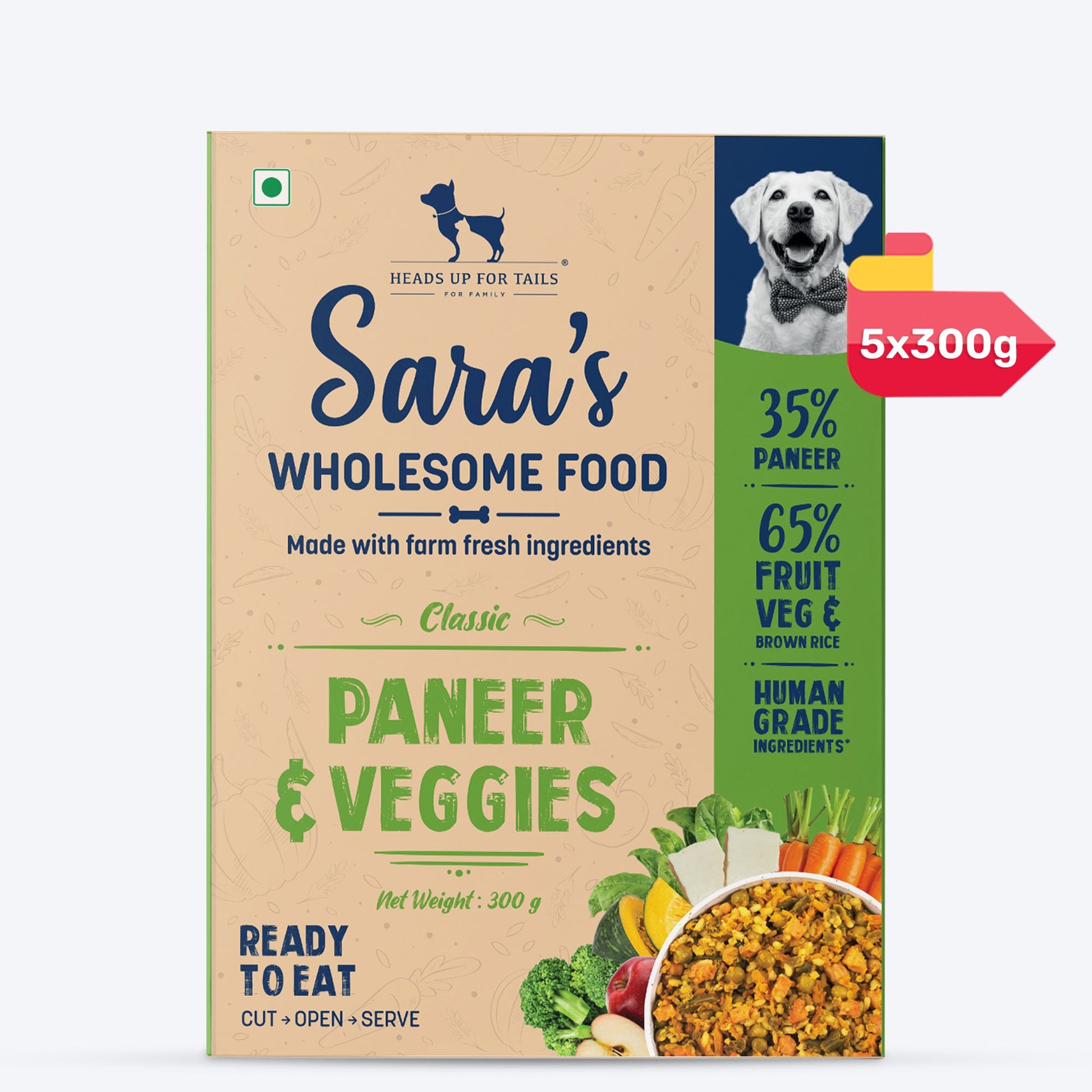 Sara's Wholesome Classic Paneer & Veggies Ready-to-Eat Vegetarian Dog Food ‚¬€œ Human-Grade, Preservative-Free ‚¬€œ 300 gm - Heads Up For Tails
