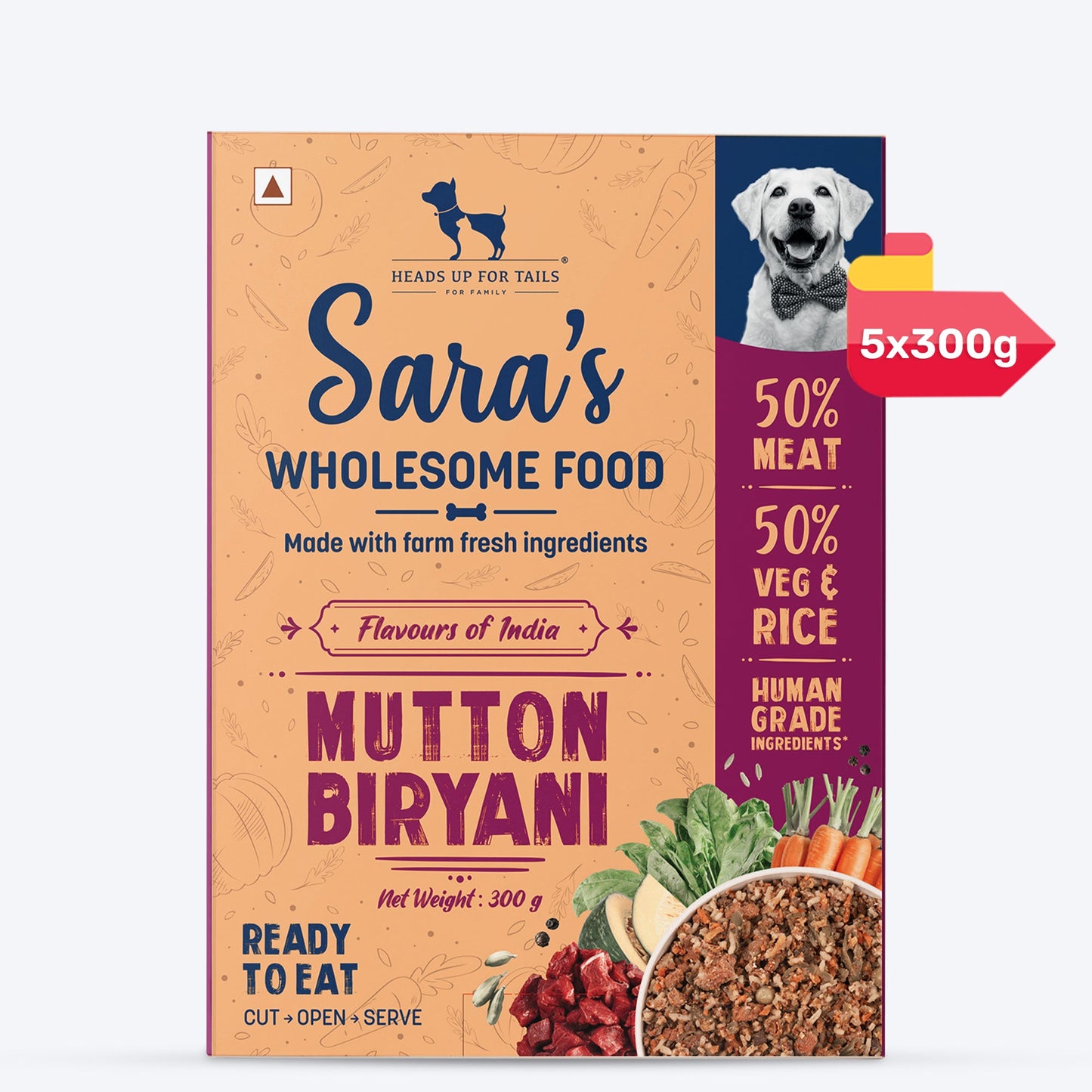 Sara's Wholesome Food Mutton Biryani for Dogs ‚¬€œ Flavours of India, 300 g ‚¬€œ Human-Grade - Heads Up For Tails