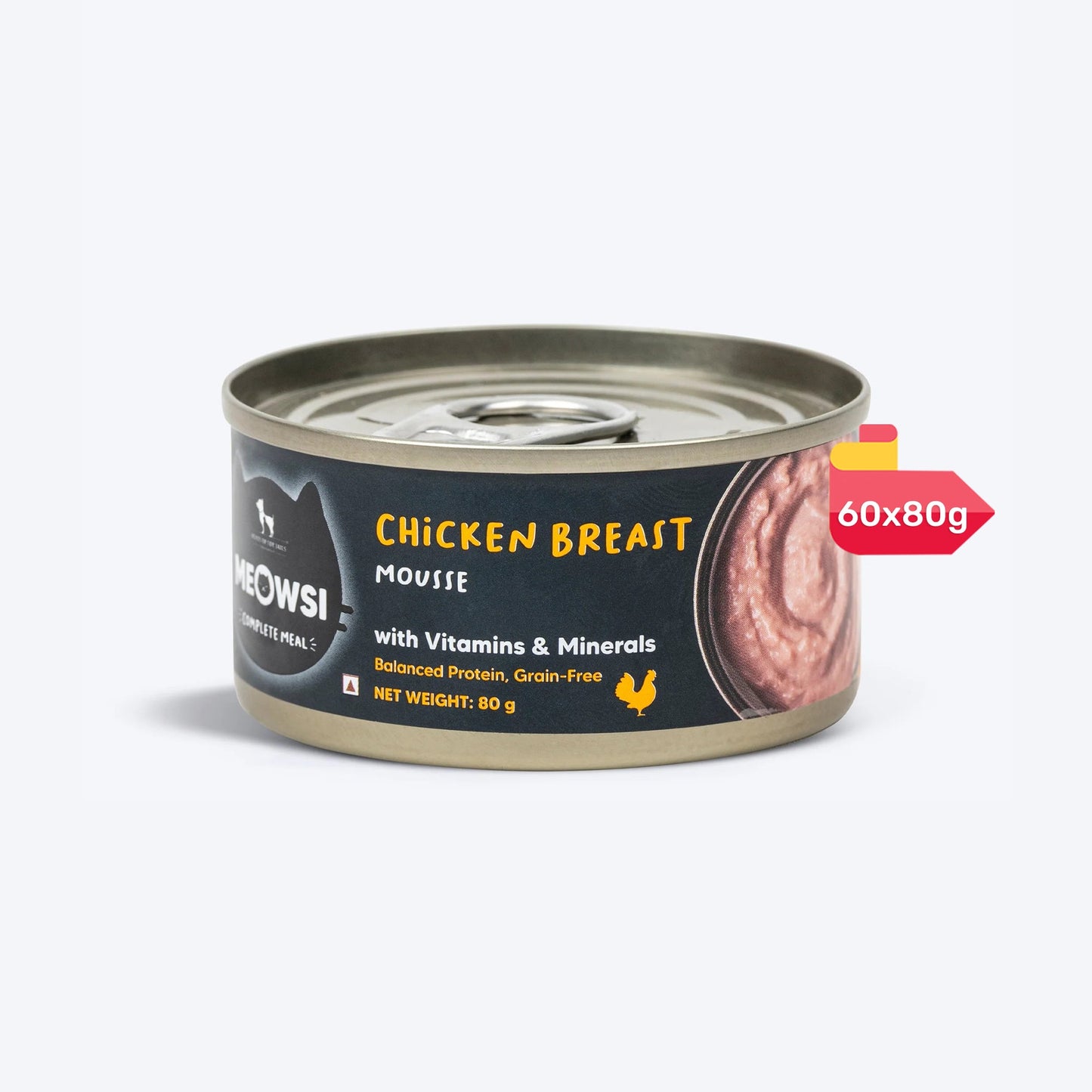 Meowsi by HUFT Chicken Breast Mousse Canned Cat Wet Food, 80 gm, with vitamins and minerals, grain-free formula.