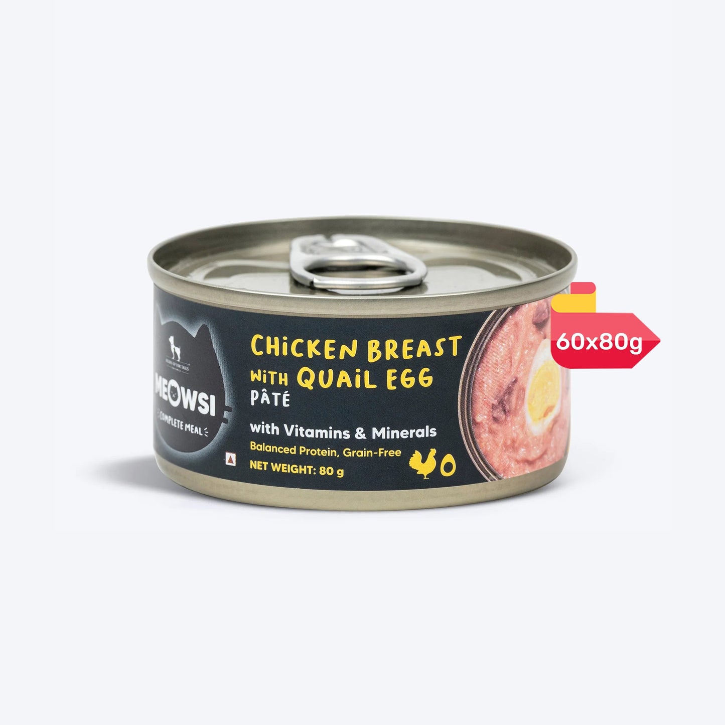 Meowsi by HUFT Chicken Breast with Quail Egg p¢t©, 80 gm can, grain-free, with vitamins and minerals for cats.