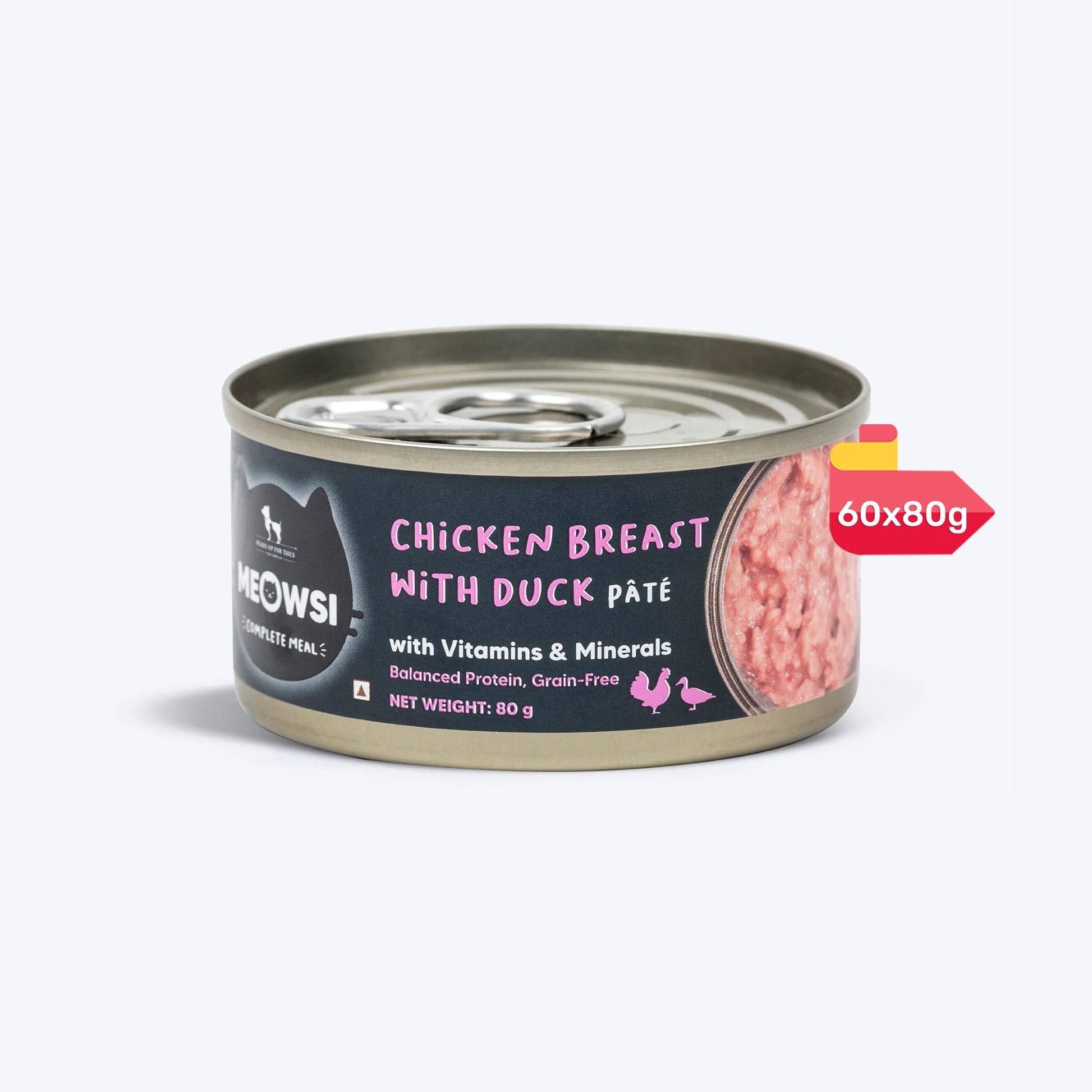 Meowsi by HUFT Chicken Breast with Duck p¢t© canned cat food, 80 gm, enriched with vitamins and minerals. Grain-free.