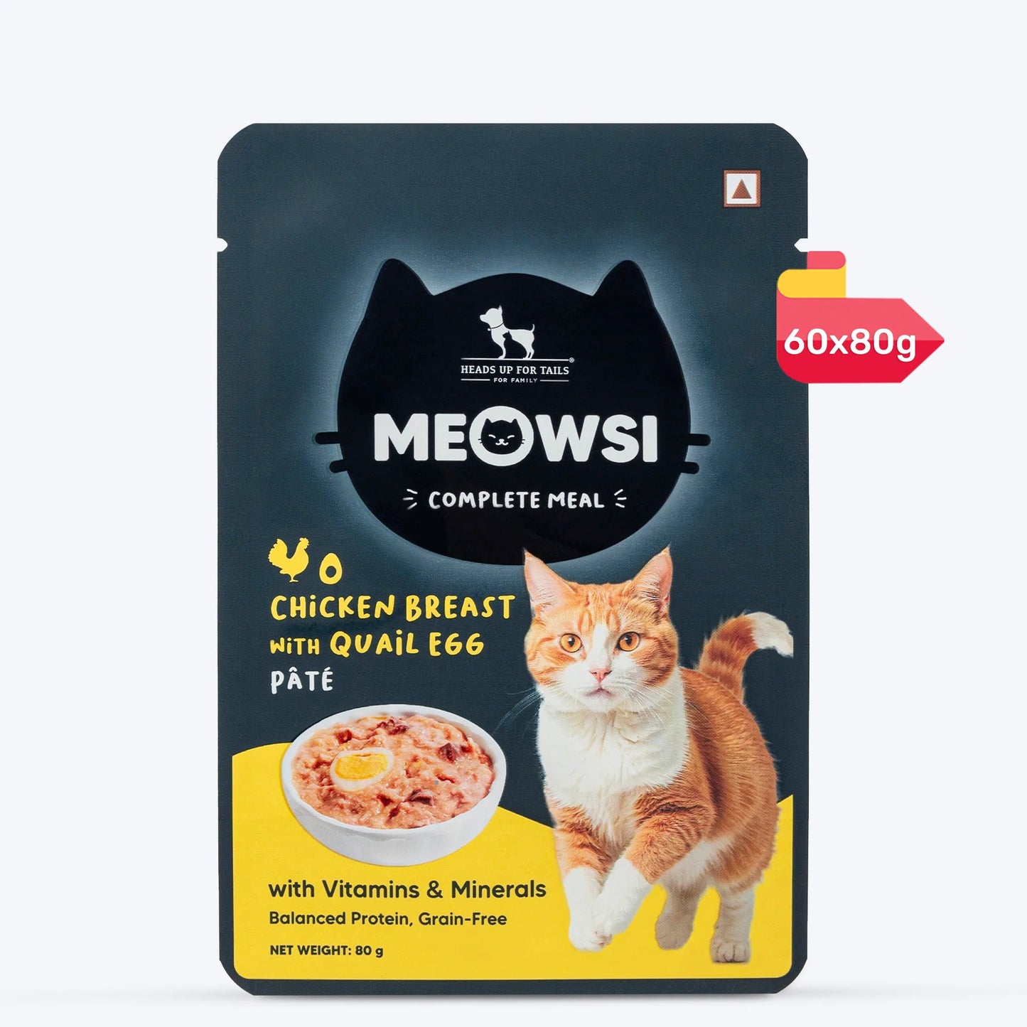 Meowsi by HUFT Chicken Breast with Quail Egg p¢t© Cat Wet Food, 80 gm, grain-free, with vitamins and minerals.
