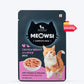 Meowsi by HUFT Chicken Breast with Duck p¢t© cat wet food, 80 gm, featuring a cat and a bowl of food on the packaging.