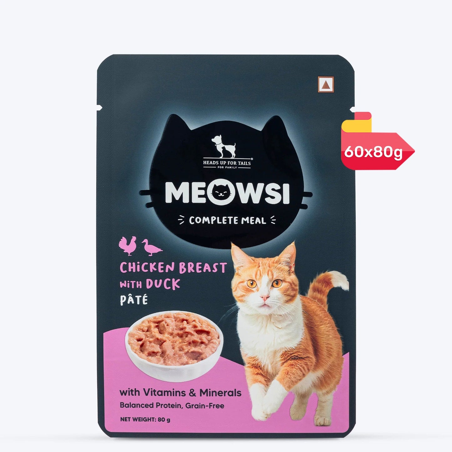 Meowsi by HUFT Chicken Breast with Duck p¢t© cat wet food, 80 gm, featuring a cat and a bowl of food on the packaging.