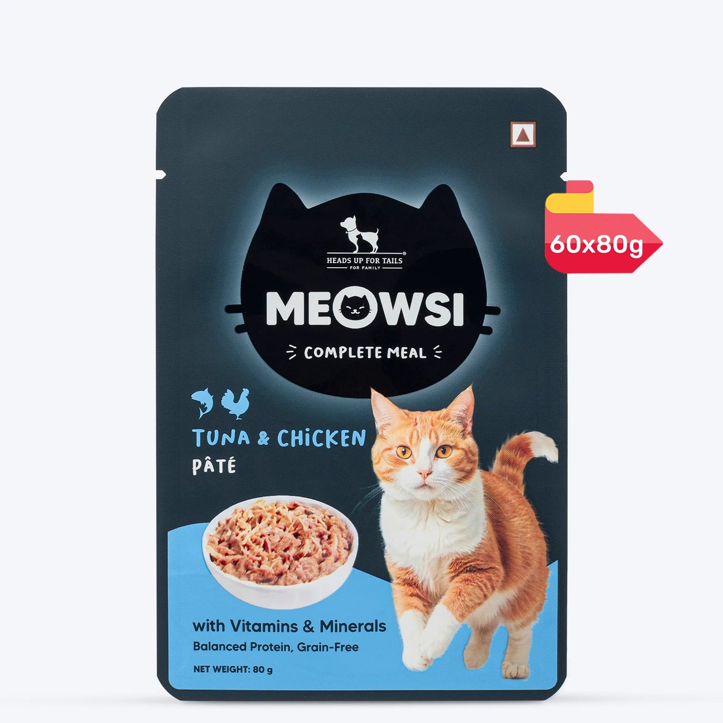 Meowsi by HUFT Tuna & Chicken P¢t© Cat Wet Food, 80 gm, grain-free, with vitamins and minerals for balanced nutrition.
