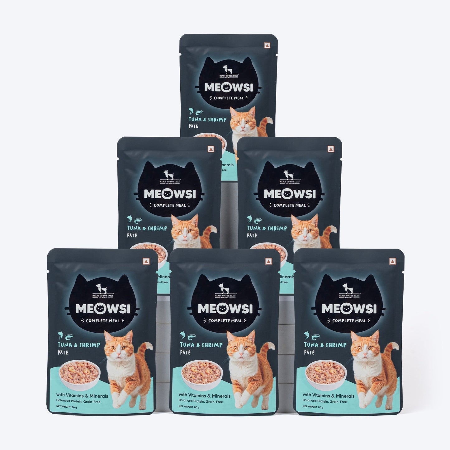 Meowsi by HUFT Tuna & Shrimp p¢t© Cat Wet Food, 80 gm, grain-free, with vitamins and minerals for balanced nutrition.