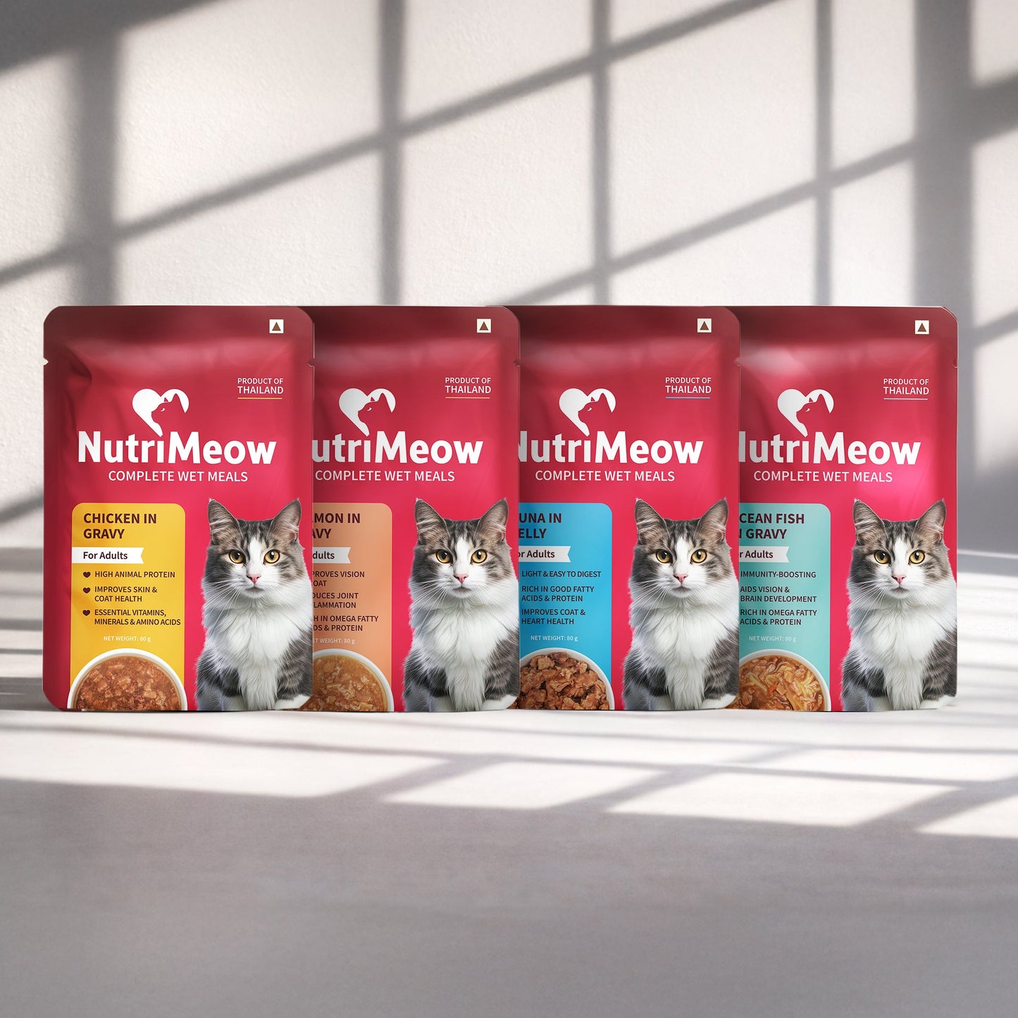 NutriMeow Adult Cat Trial Pack -Â  Ocean Fish, Chicken, Salmon in Gravy & Tuna in Jelly - (4 x 80 gm) - Heads Up For Tails