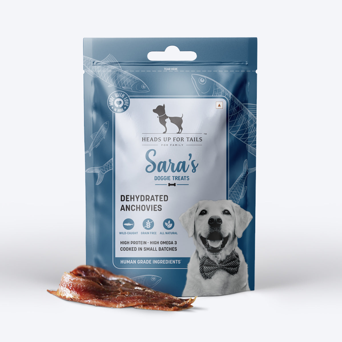 Sara's Doggie Treats Dehydrated Anchovies, 70 g, high protein, grain-free, human-grade ingredients, packaged in a resealable